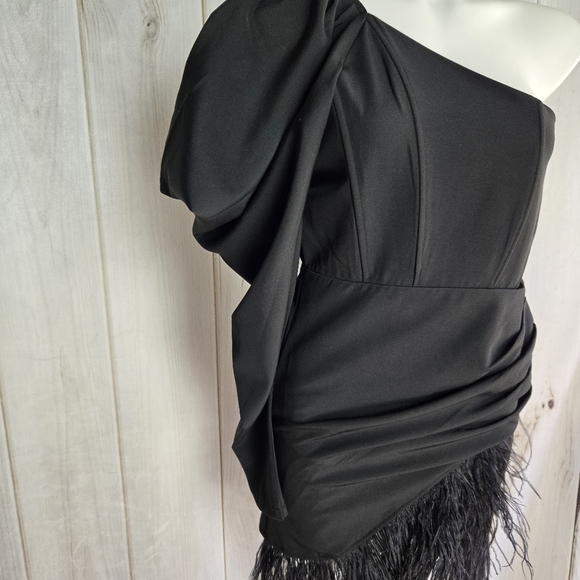 KLESIS BLACK ONE SHOULDER FEATHER MINI DRESS - Picture 7 of 14
